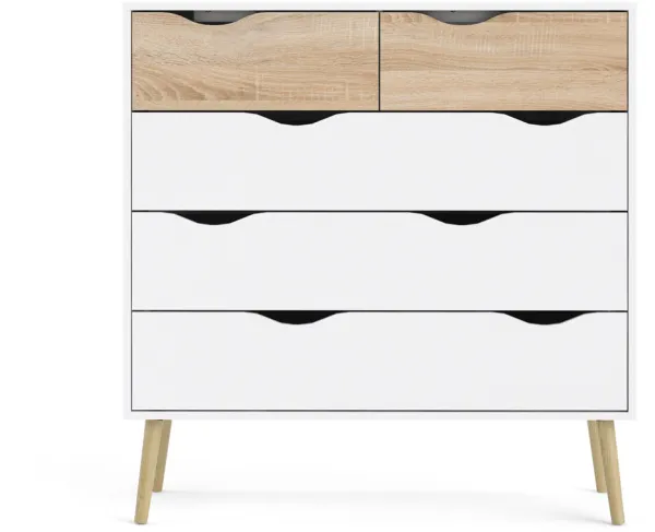 TVILUM Delta kommode - hvit/eikstruktur, m. 5 skuffer