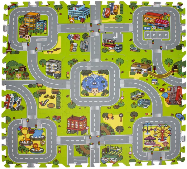 Gulvmatte med vei og by i skum. 9 deler