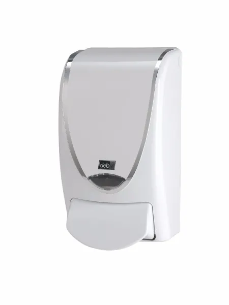 Deb Stoko White Silverline dispenser, i hvit plast m. sølvfarget kant, 1 L